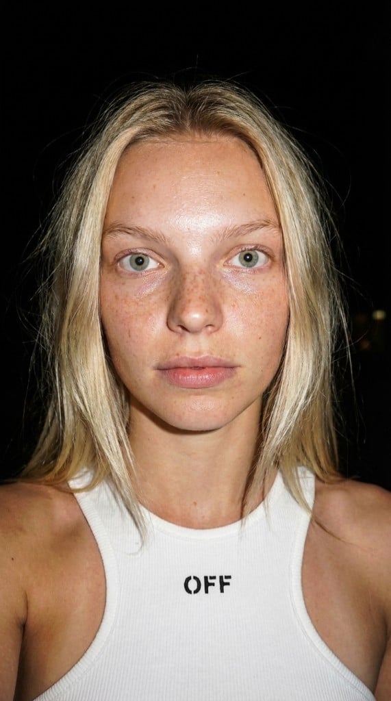 Close-up detail of skin texture and light on an AI-generated model